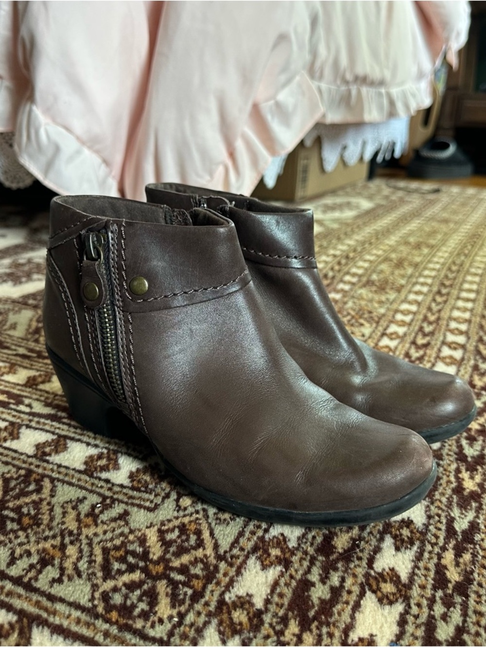Clarks Brown Leather Ankle Booties with Side Zip